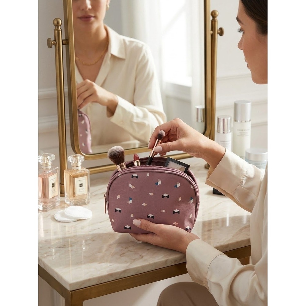 Pink Geometric Print Dome Makeup Bag Travel Cosmetic Pouch Zip Closure